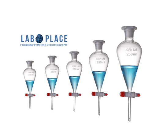 Ampoule à décanter avec robinet et bouchon en PTFE  borosilicaté 3.3 classe A